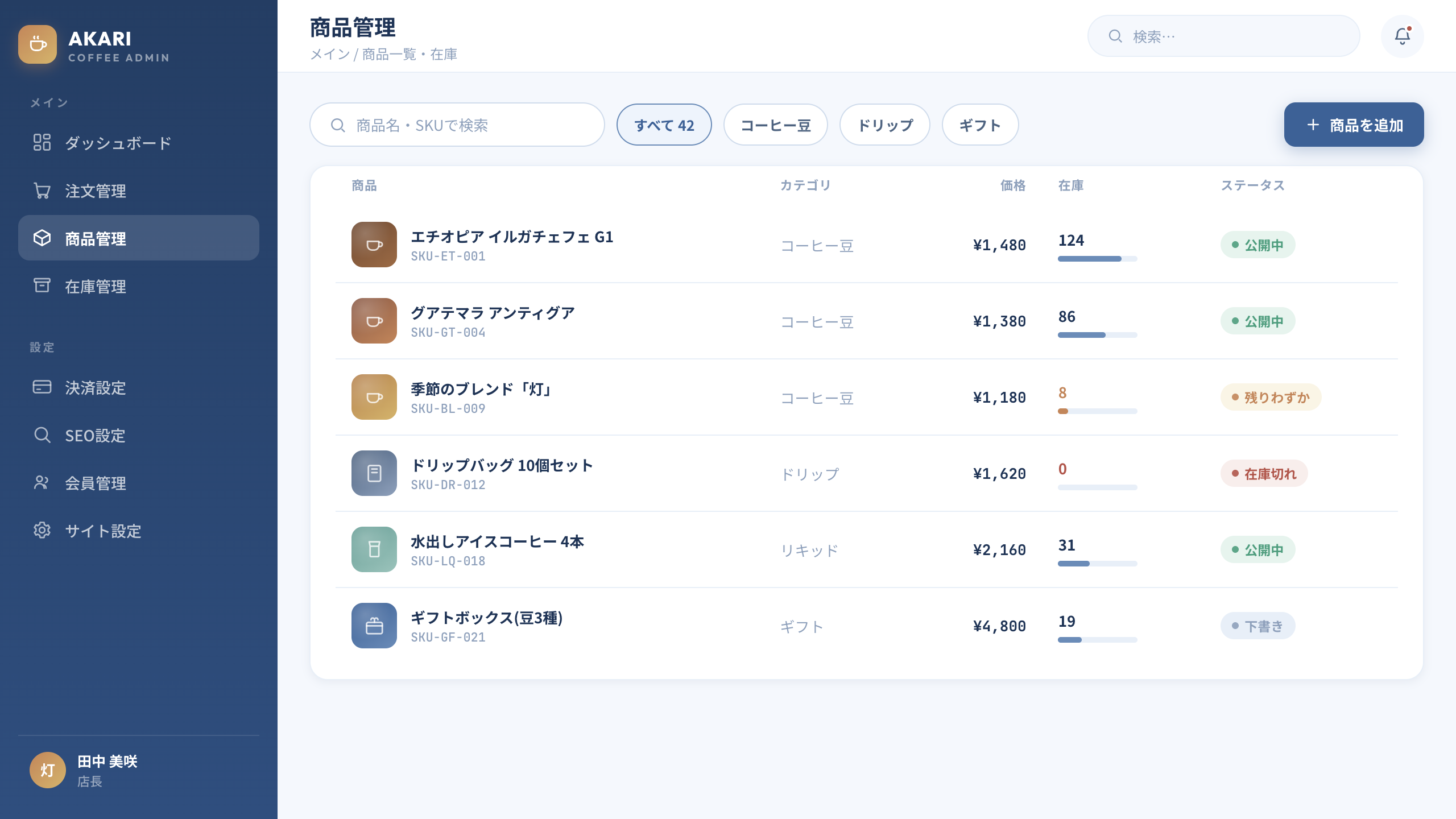 販売機能のイメージ(商品一覧/在庫管理)